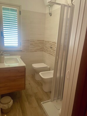 Regadera, secadora de cabello, bidet, toallas 
