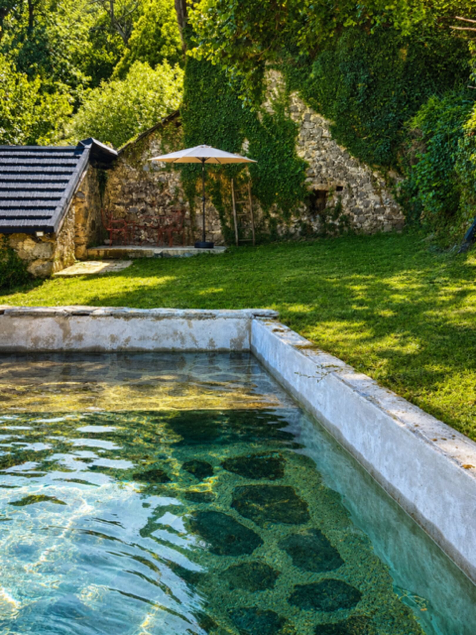 Une piscine à l’eau claire, entourée d’un mur de pierre et d’une végétation luxuriante.