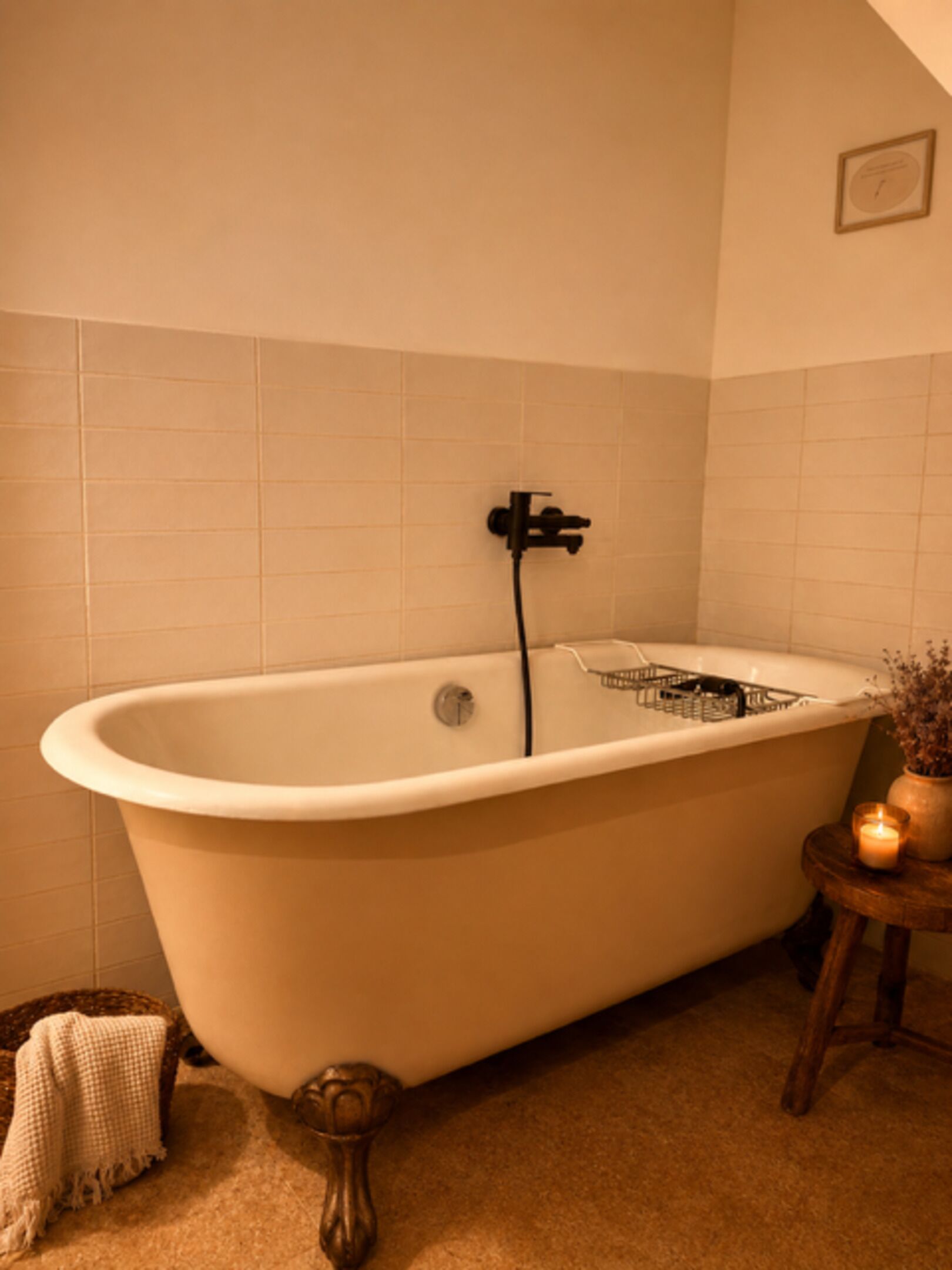 A bathtub with a faucet, a small stool with a candle, and a framed picture on the wall.