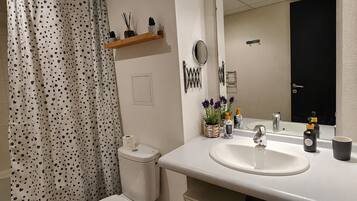 Hair dryer, towels, shampoo, toilet paper