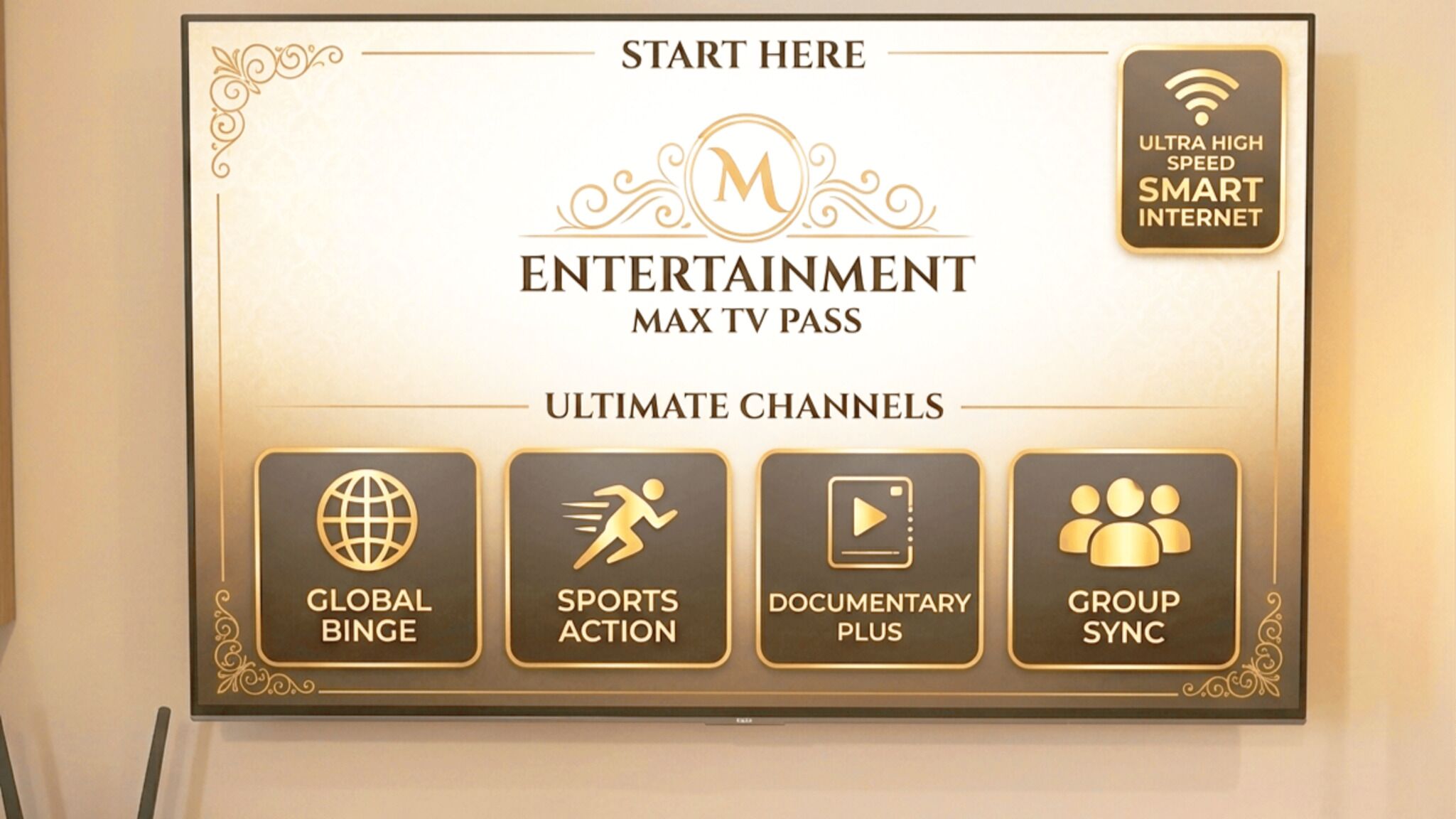 Un mur avec une pancarte indiquant « DÉBUT ICI » et « MAX TV PASS » pour « DIVERTISSEMENT », avec « CHAÎNES ULTIMES » en dessous.