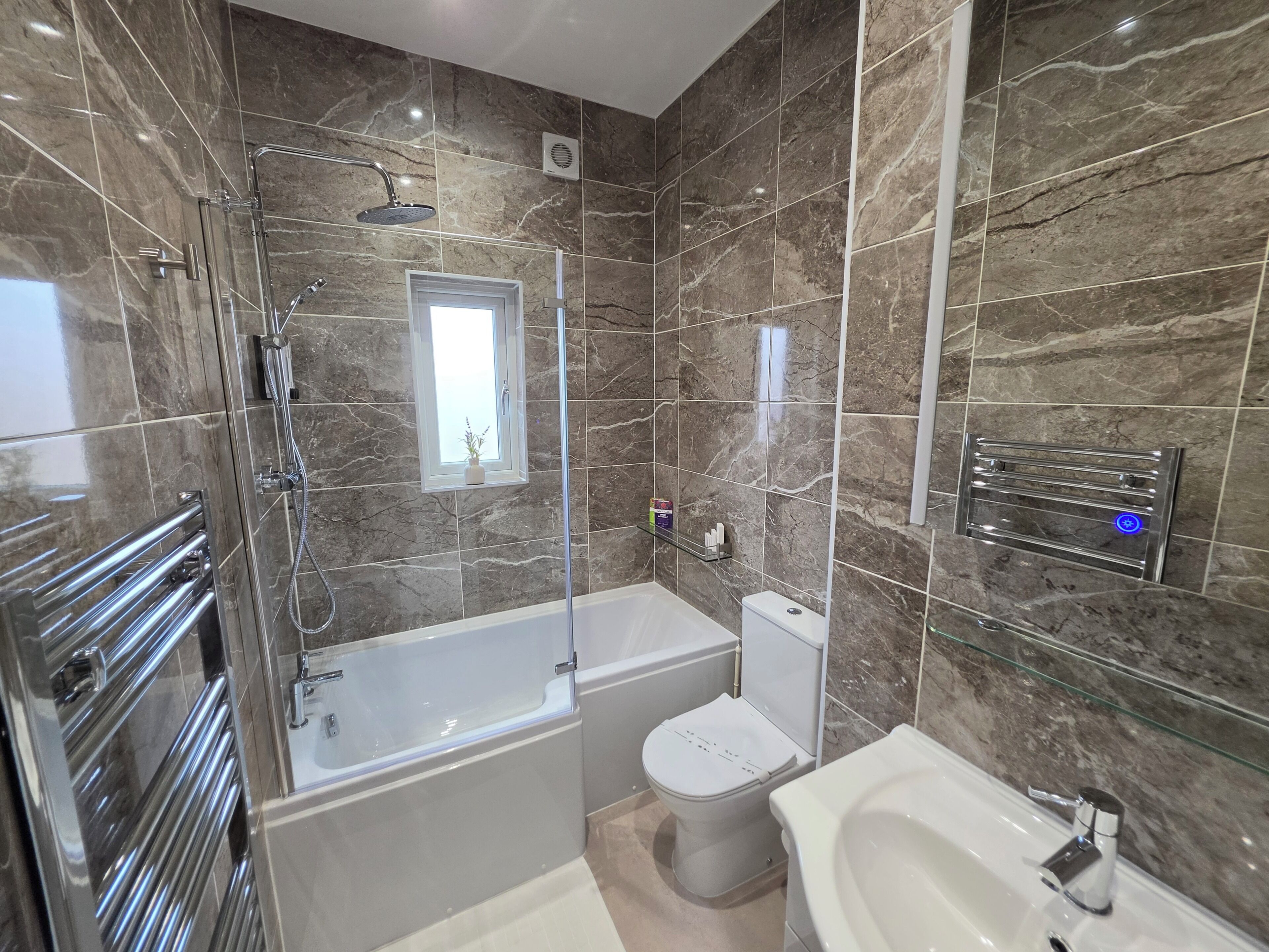 Hair dryer, towels, soap, toilet paper
