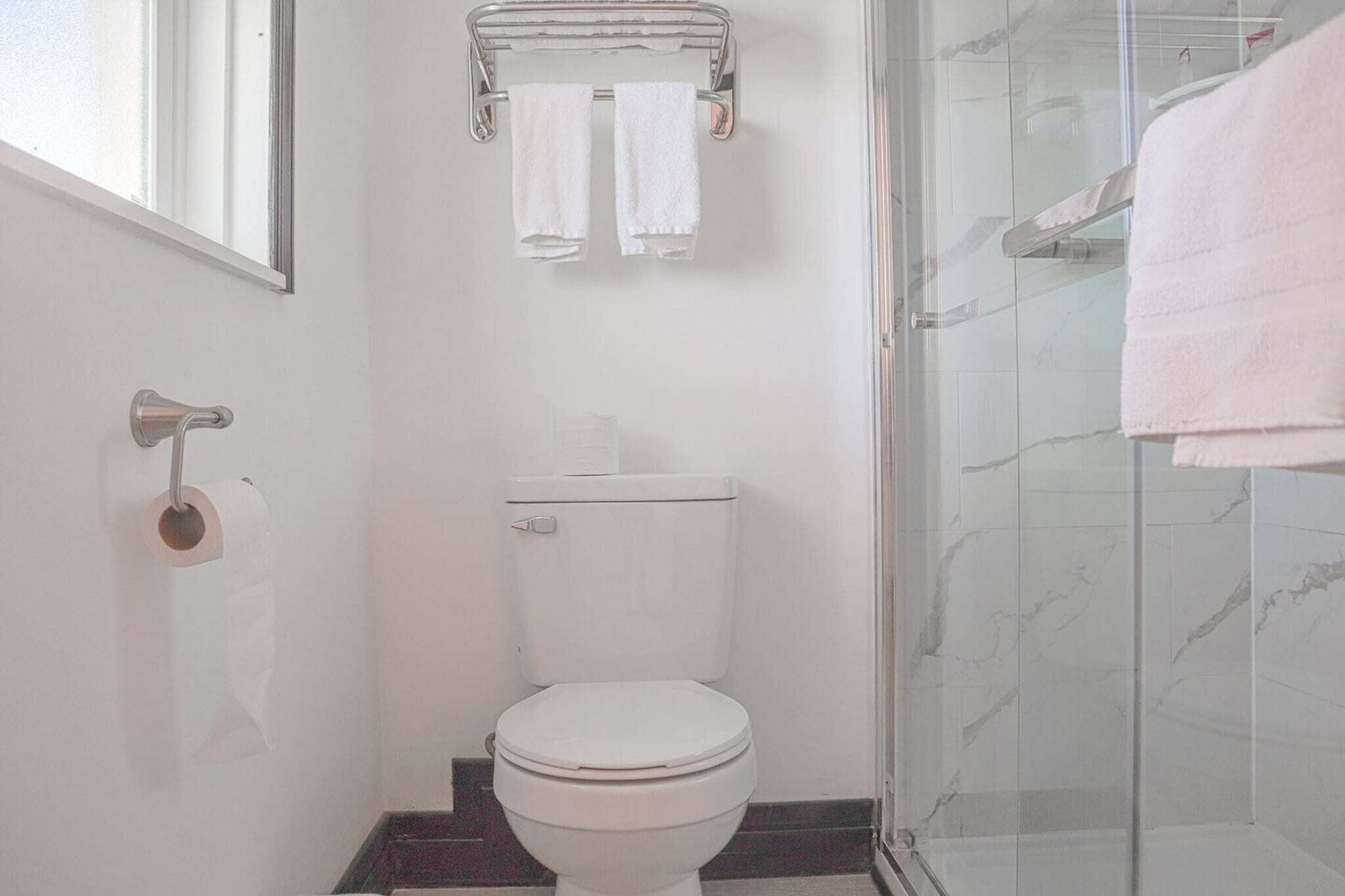 A bathroom with a toilet, a towel rack with two towels, a glass shower enclosure, and a toilet paper holder.