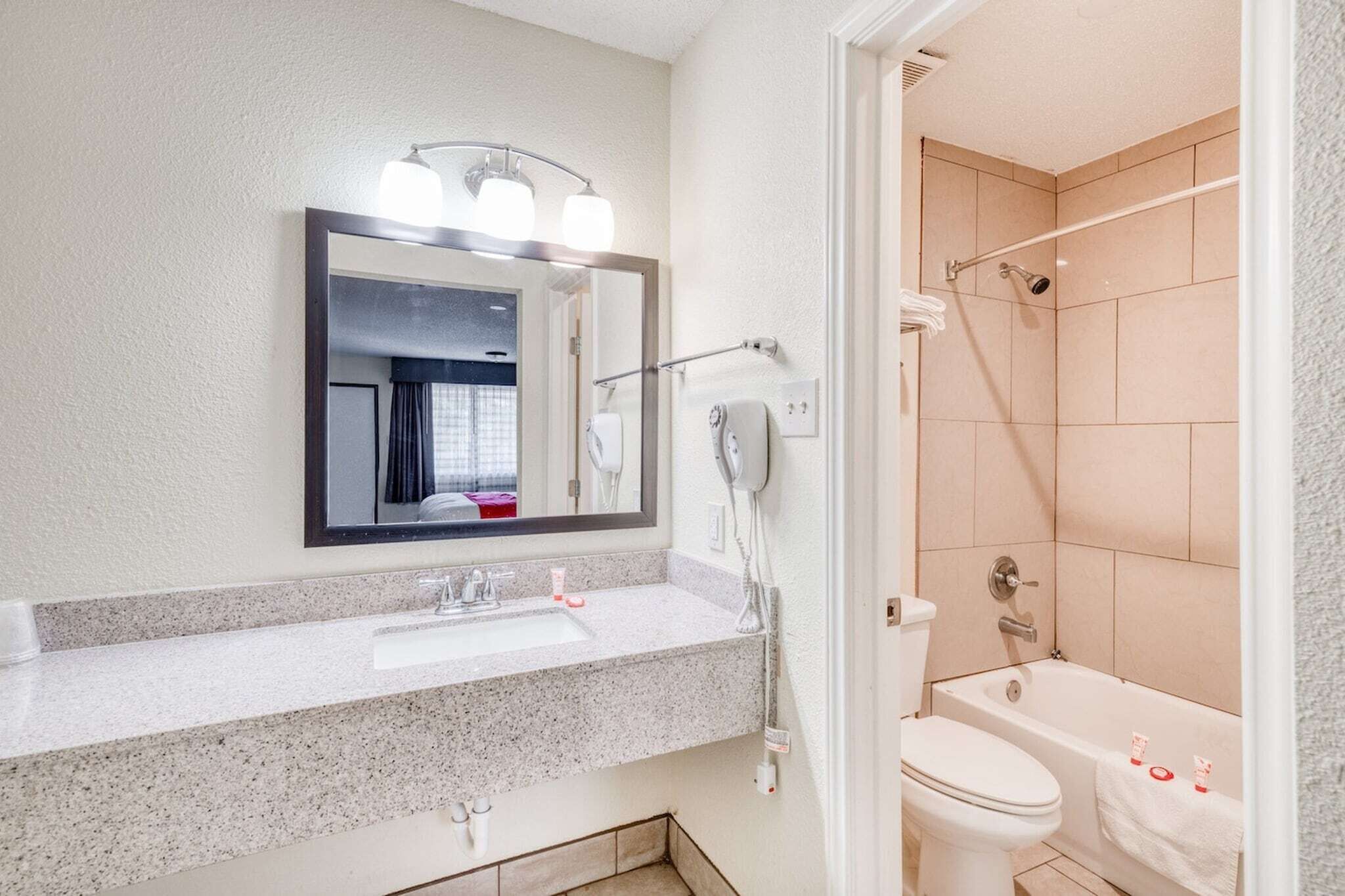 Une salle de bain équipée d’un lavabo, d’un miroir, d’une douche et de toilettes.