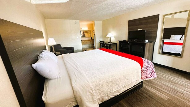 A hotel room with a bed, a TV, a desk, and a mirror.