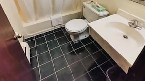 A bathroom with a toilet, sink, and shower curtain.