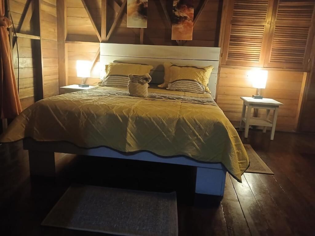 Un dormitorio con paneles de madera, una cama, dos lámparas de noche y una mesita de noche.