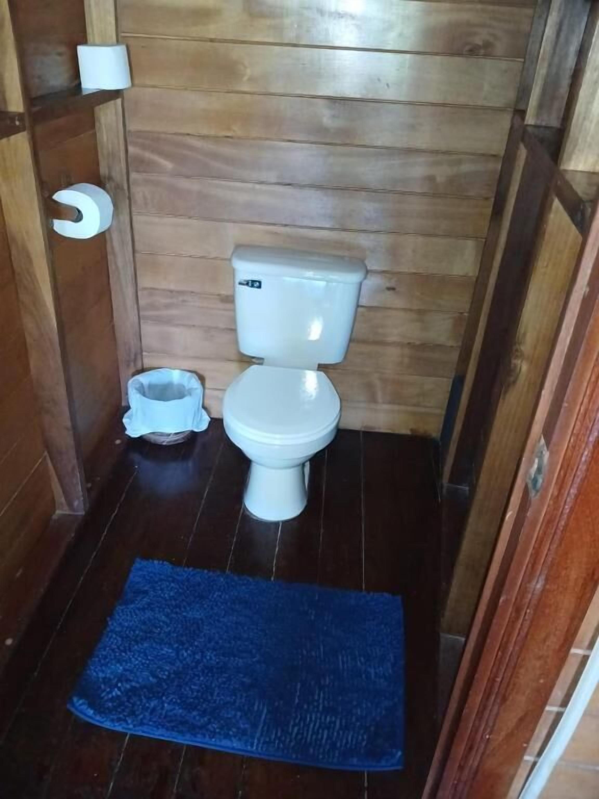 Un baño pequeño con paneles de madera, un inodoro blanco, un tapete azul en el suelo y un cubo de basura.
