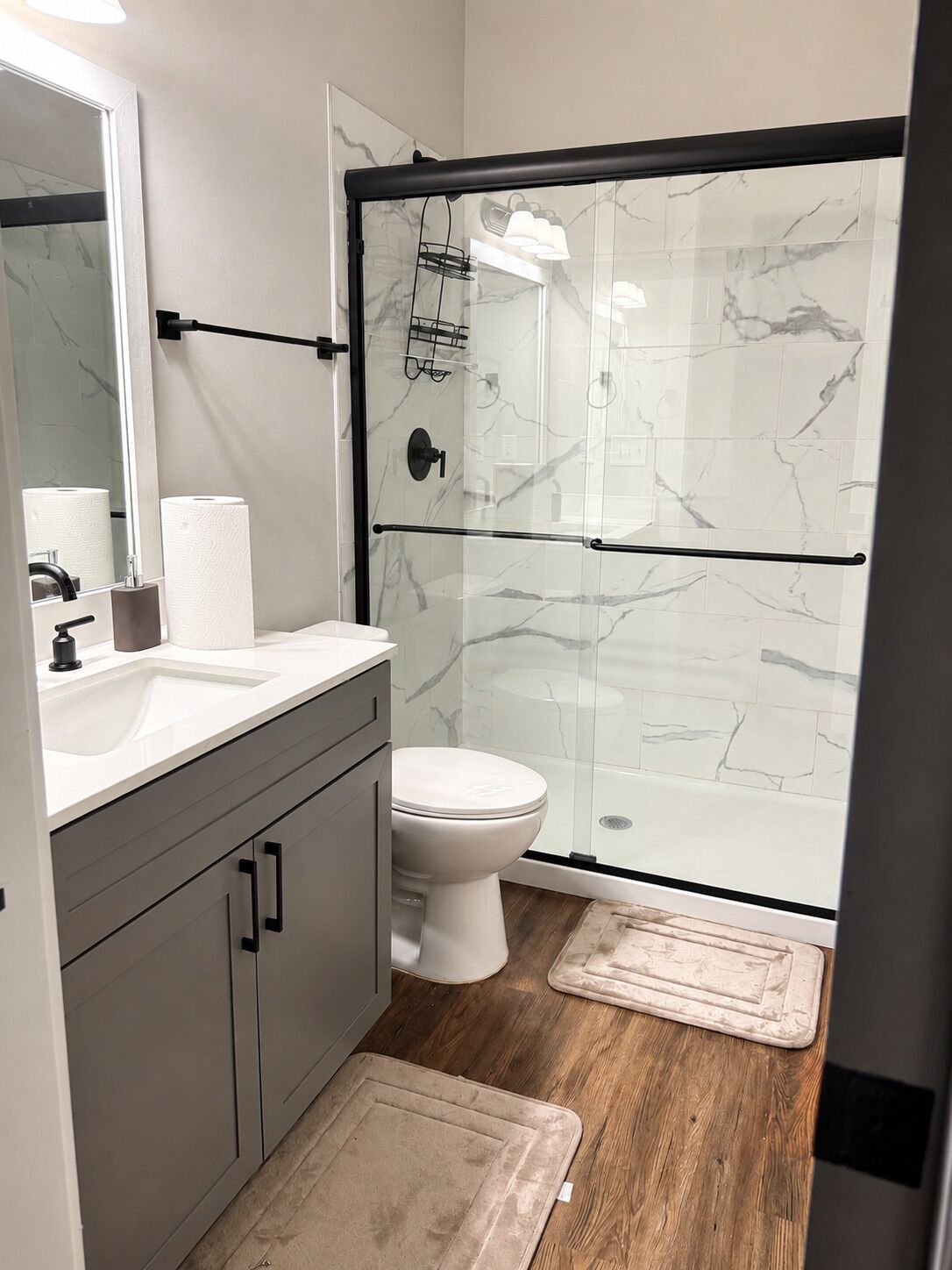 Shower, towels, toilet paper