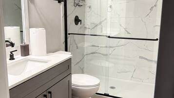 Shower, towels, toilet paper