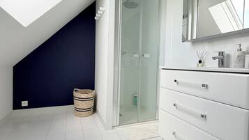 Shower, towels, toilet paper