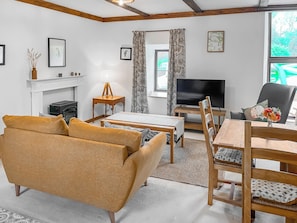 A living room with a sofa, a TV, a fireplace, and a dining area.
