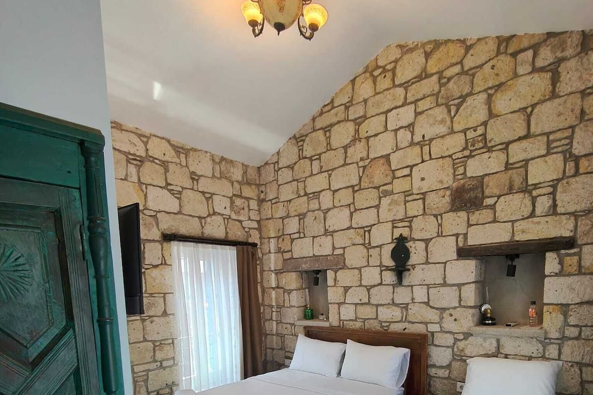 Una habitación con dos camas, una pared de piedra, una araña y una puerta de madera.