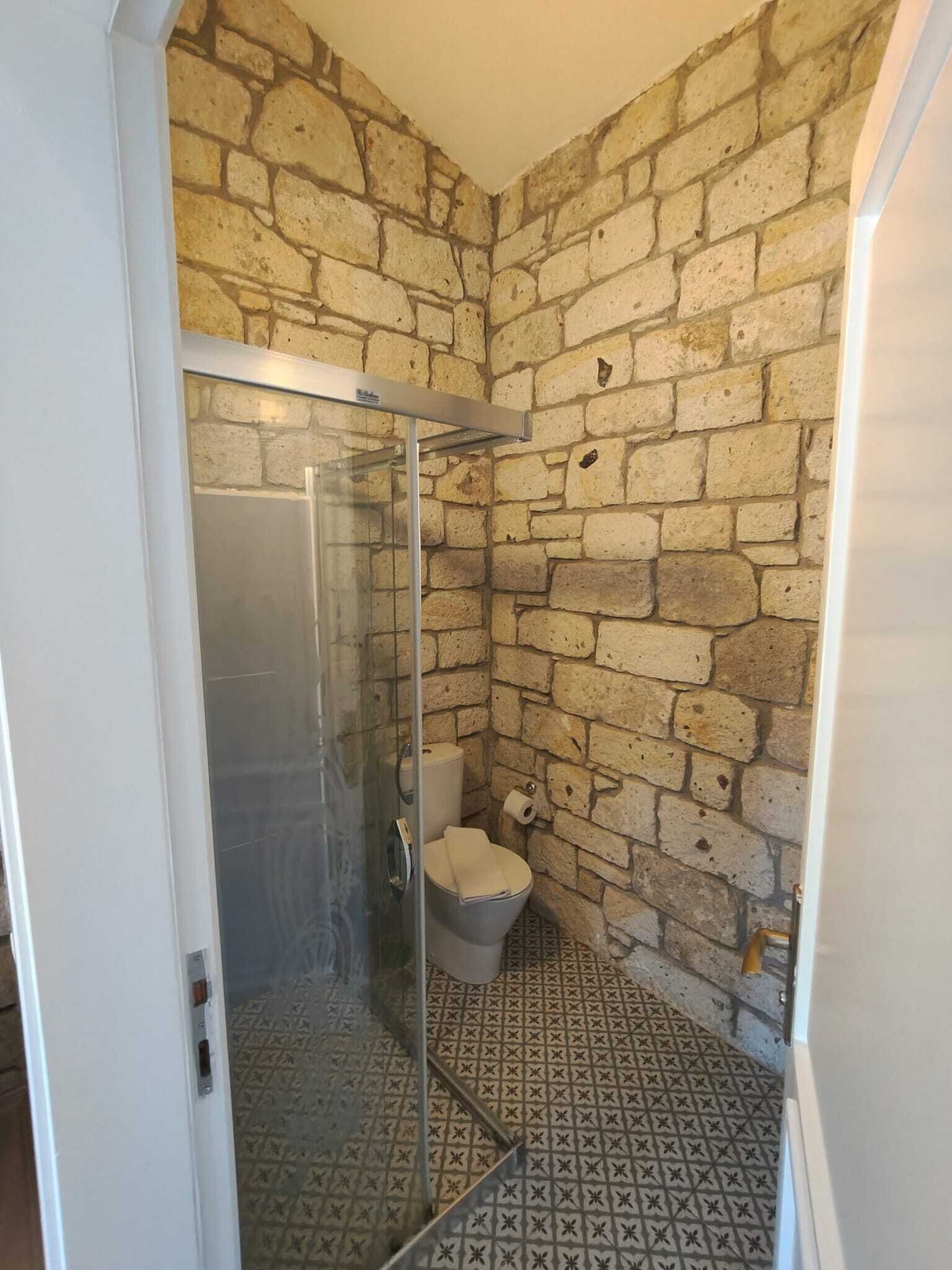 Un baño con pared de piedra, cabina de ducha de vidrio, inodoro y baldosas de piso estampadas.