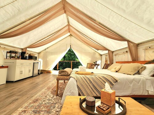 Evergreen Escape Luxury Glamping with hot tub and forest view deck