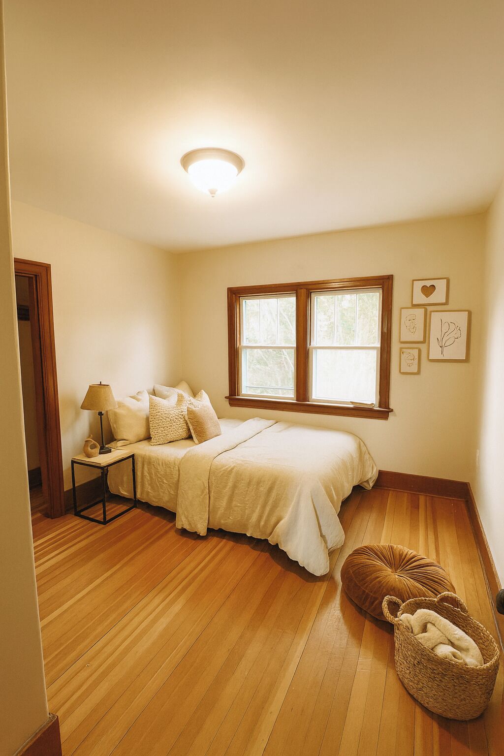 Ein Schlafzimmer mit Bett, Nachttisch, Lampe, Fenster und Wandbildern.