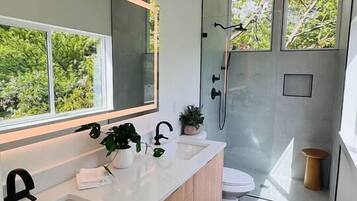 Hair dryer, towels, soap, shampoo