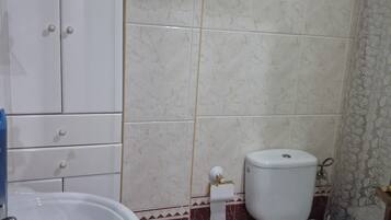 Hair dryer, towels, soap, toilet paper