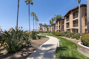 A pathway leading to a multi-story building with balconies, surrounded by palm trees and landscaped gardens.