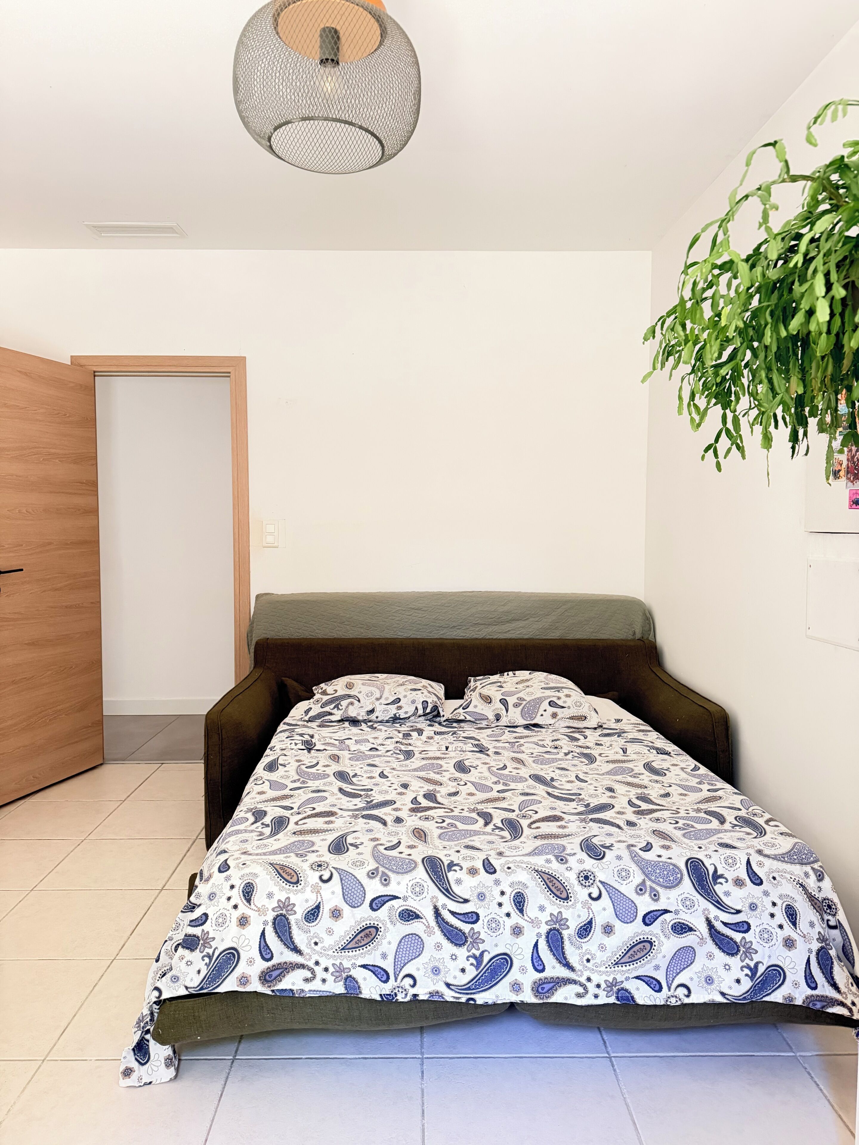 Ein Schlafzimmer mit einem Bett, einer hängenden Pflanze und einer Tür.