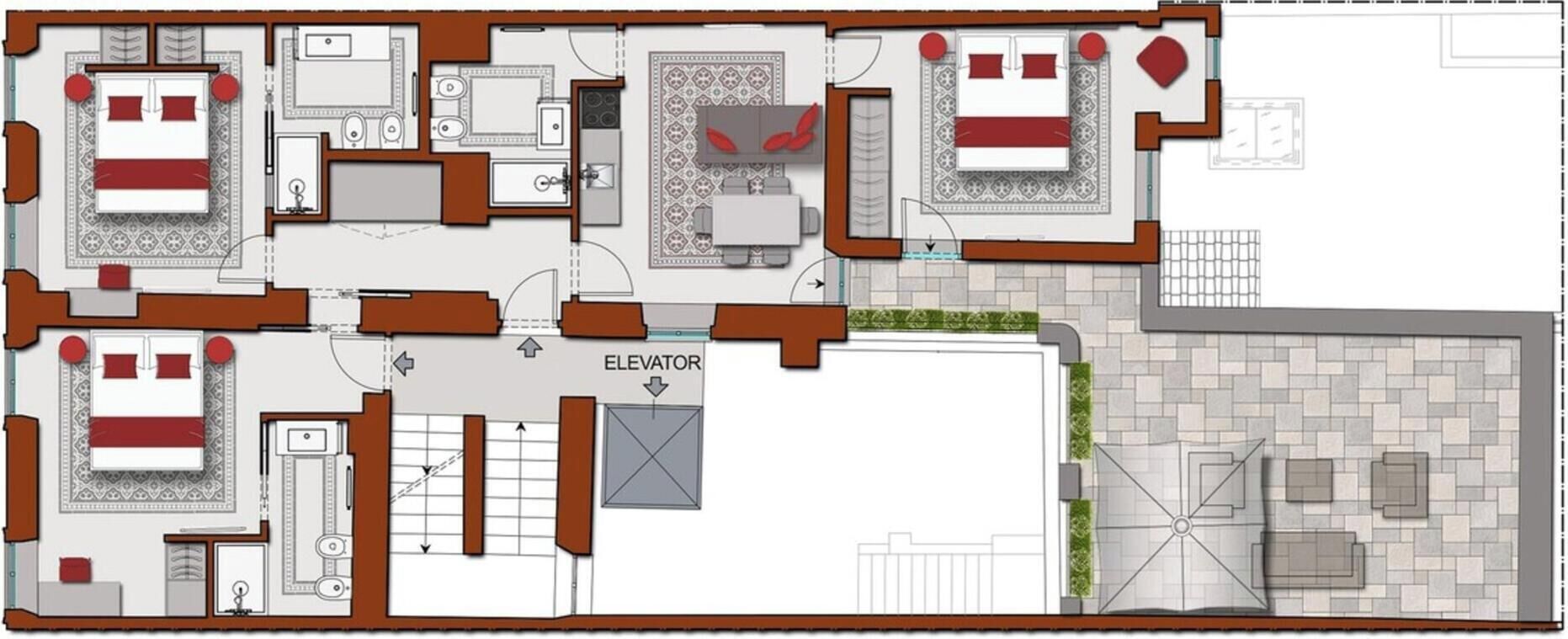 A hotel layout with multiple bedrooms, a kitchen, a bathroom, and an elevator.