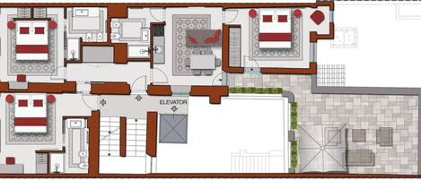 A hotel layout with multiple bedrooms, a kitchen, a bathroom, and an elevator.
