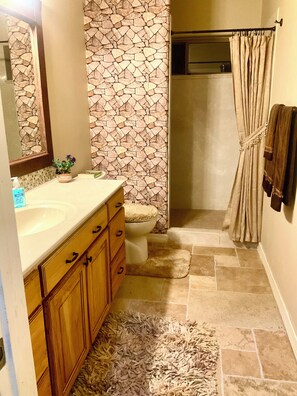 Shower, hair dryer, towels, soap