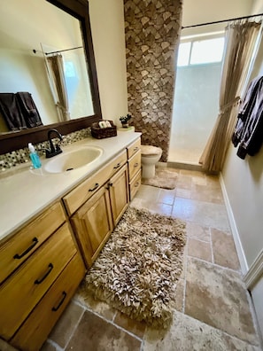 Shower, hair dryer, towels, soap