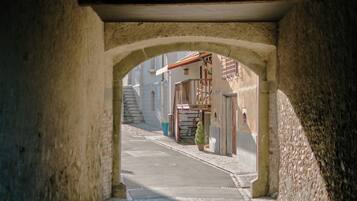 Un passage en arc menant à un bâtiment doté d’un escalier et d’un petit arbre.