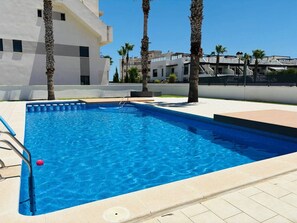 Ein rechteckiger Swimmingpool mit klarem, blauem Wasser, umgeben von einer gefliesten Terrasse und Palmen.