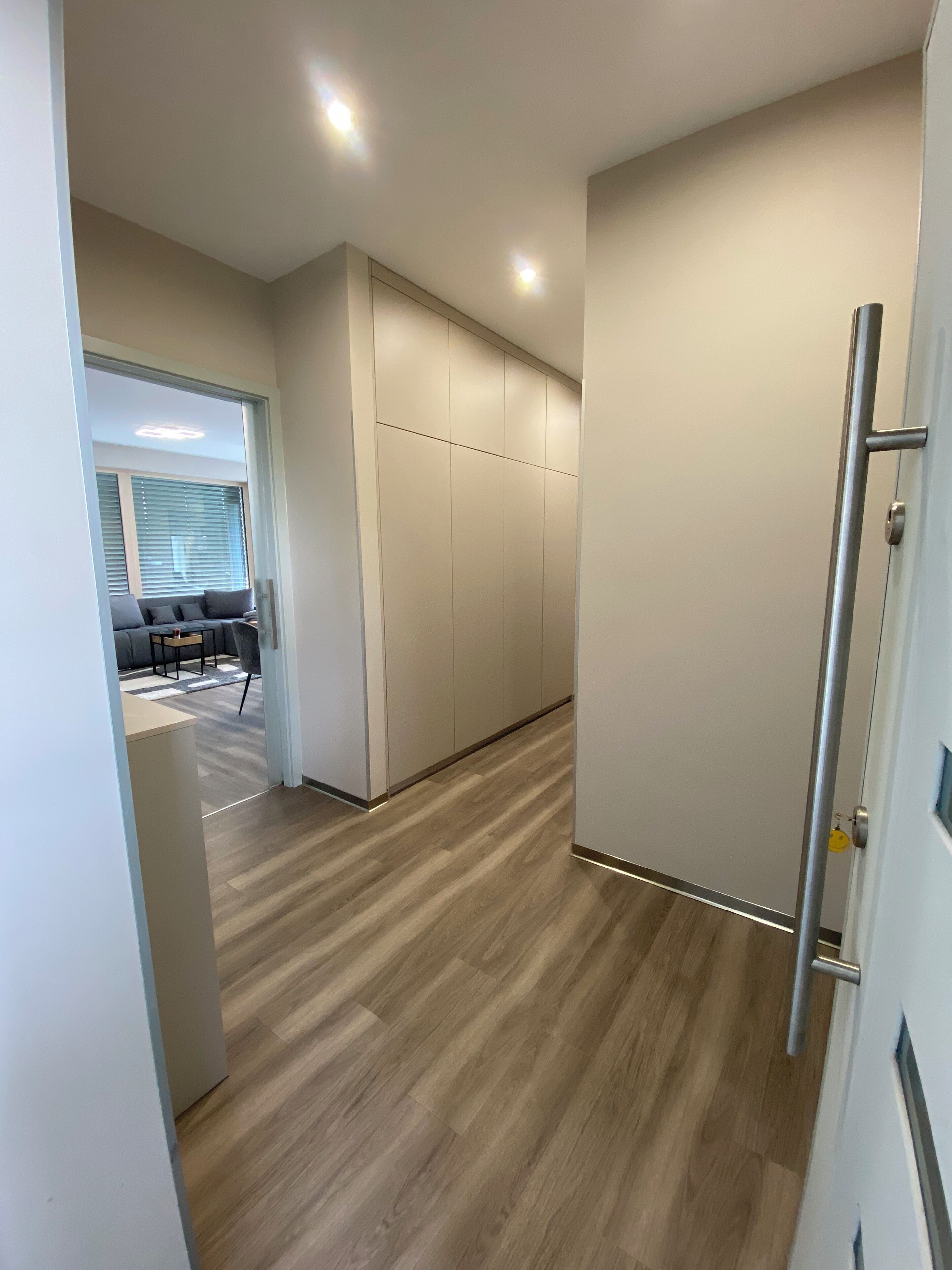 Un couloir doté d’un plancher en bois, un coin salon avec un canapé et des fauteuils, et une armoire avec une poignée en métal.