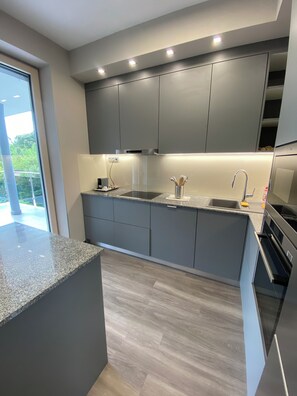 A modern kitchen with grey cabinets, a granite countertop, a built-in oven, and a window providing a view of greenery. - Premium 2-bedroom apartment with 2 bathrooms, balcony and private entrance. (Budapest)