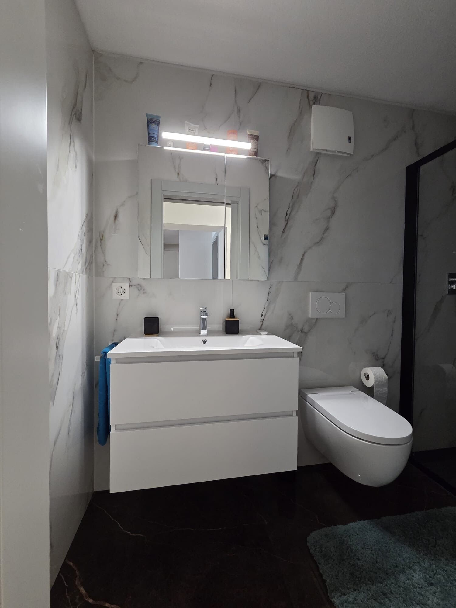 Dusj, hårføner, såpe og toalettpapir