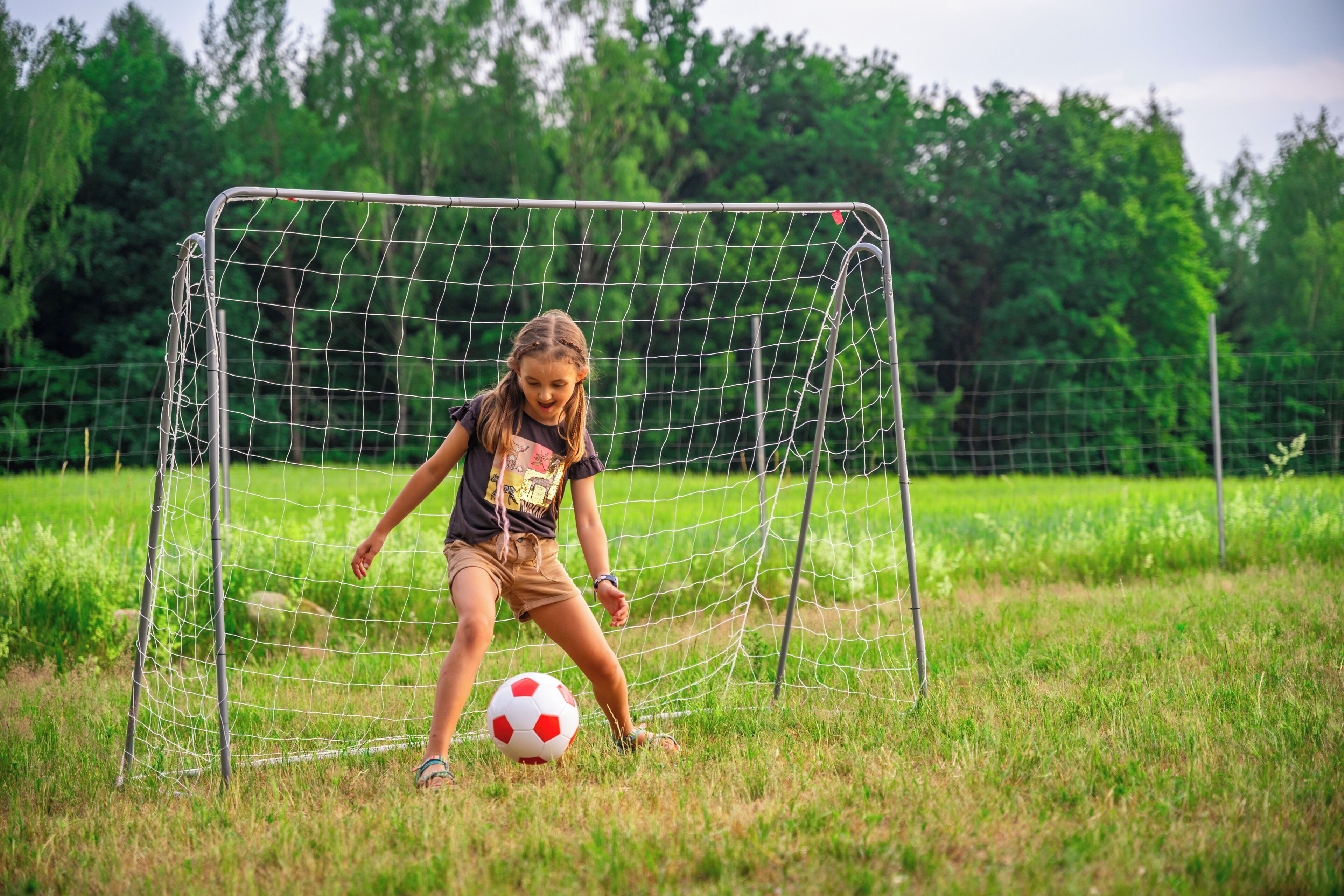 Una portería de fútbol con red, una pelota de fútbol y una persona con pantalones cortos y camiseta.