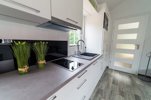 Comfort Chalet, Park View | Private kitchen | Full-size fridge, microwave, stovetop, dishwasher - Osada Wilaneska (Mikołajki)