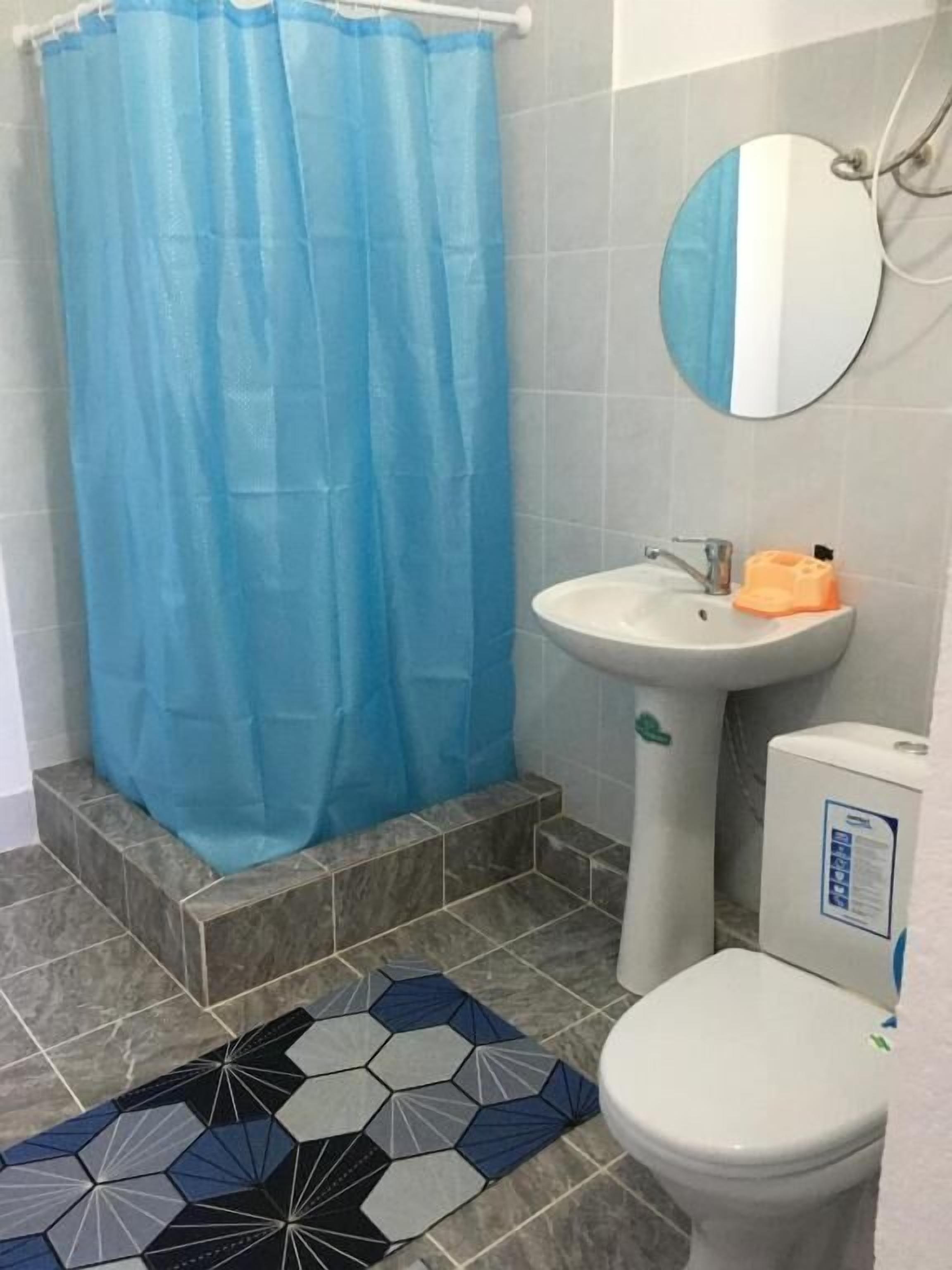 A bathroom with a blue shower curtain, a sink, a toilet, and a mirror.