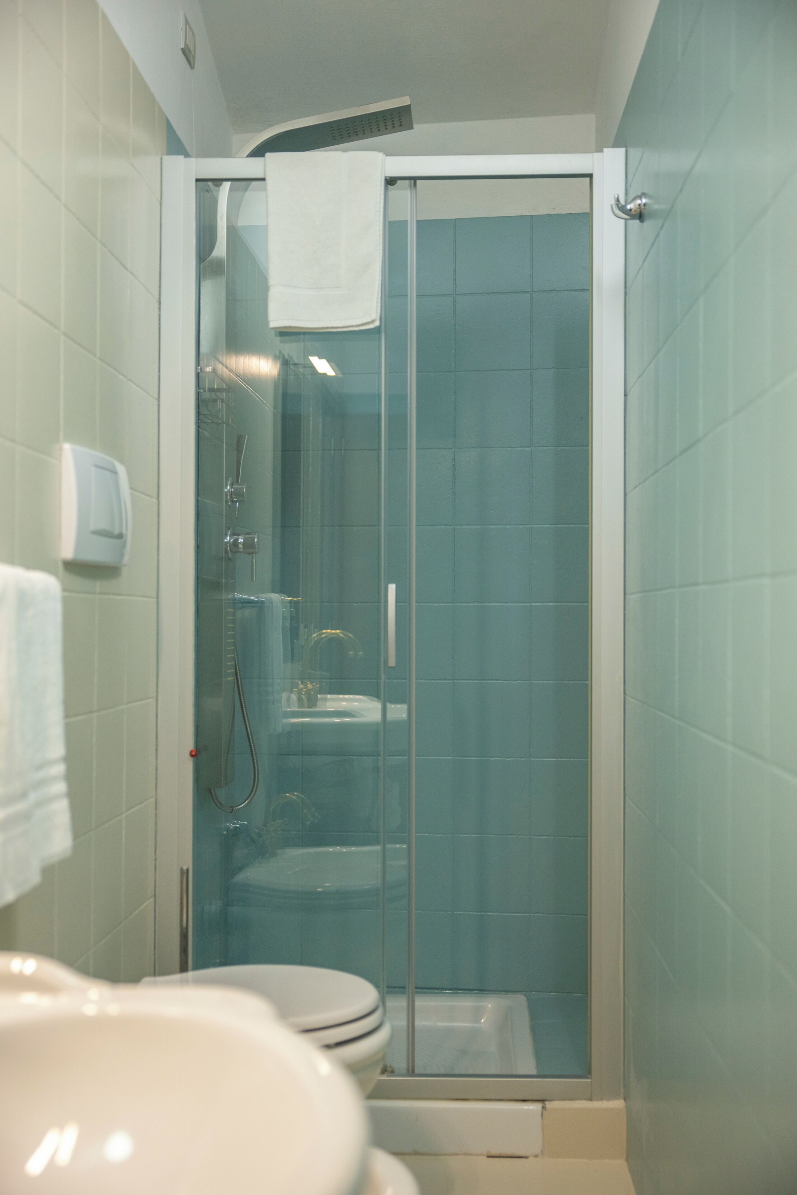 Et badeværelse med bruseniche, toilet og håndvask.
