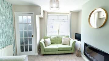 A room with a green sofa, a fireplace, a television, and a window with a view of buildings.