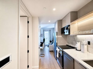 Coffee/tea maker, fridge, microwave, oven - Chic Brooklyn Studio Steps to the G Train | Sleeps 3 (Brooklyn)
