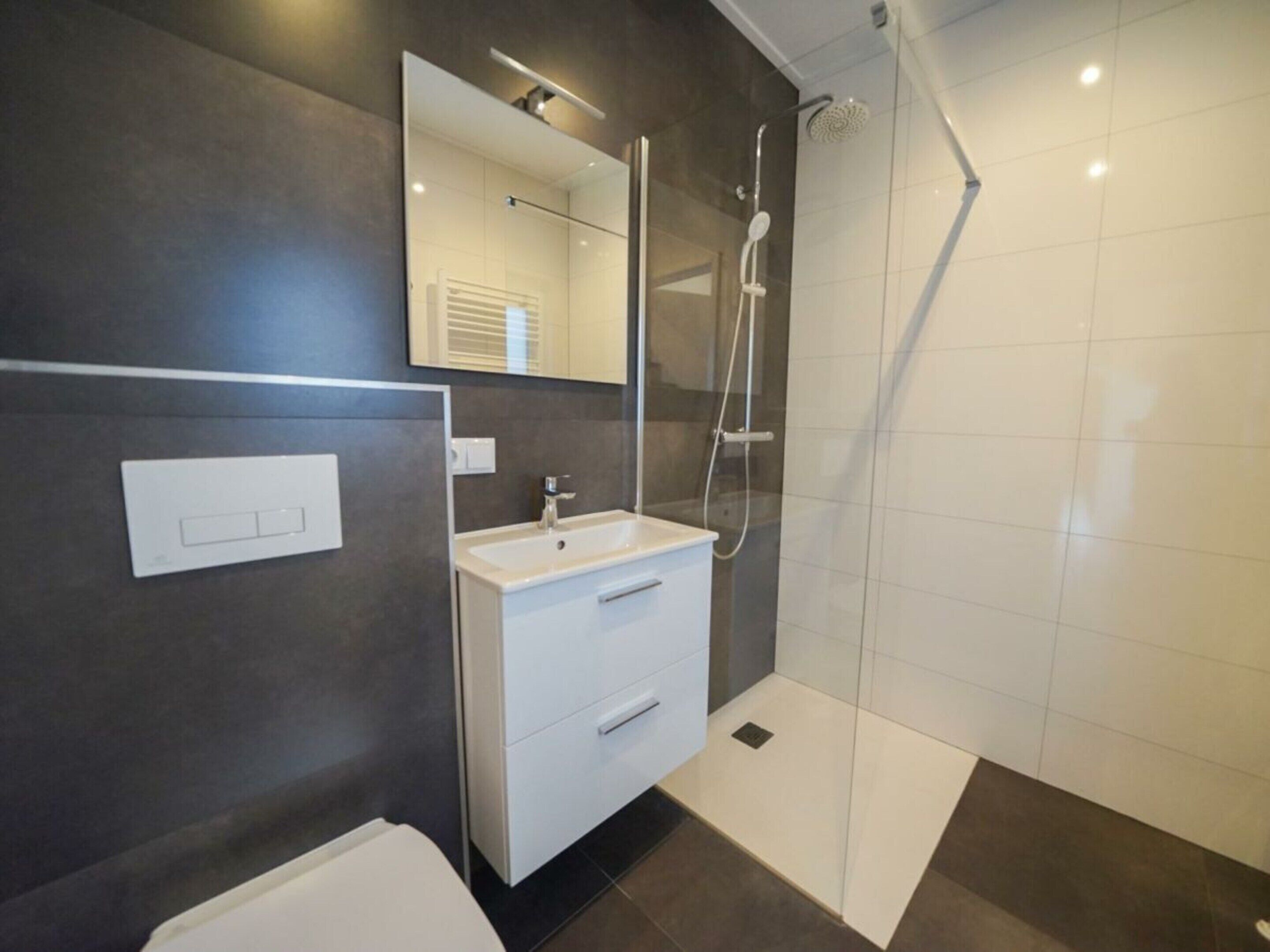 A modern bathroom with a shower, a sink, and a mirror.