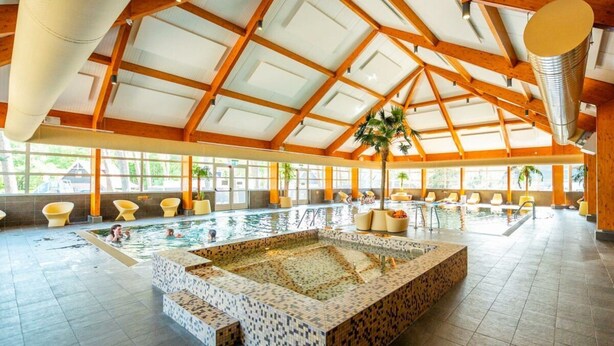 A large indoor swimming pool with a tiled deck area, wooden beams, and a high ceiling. - Holiday Home in Otterlo With Terrace (Otterlo)