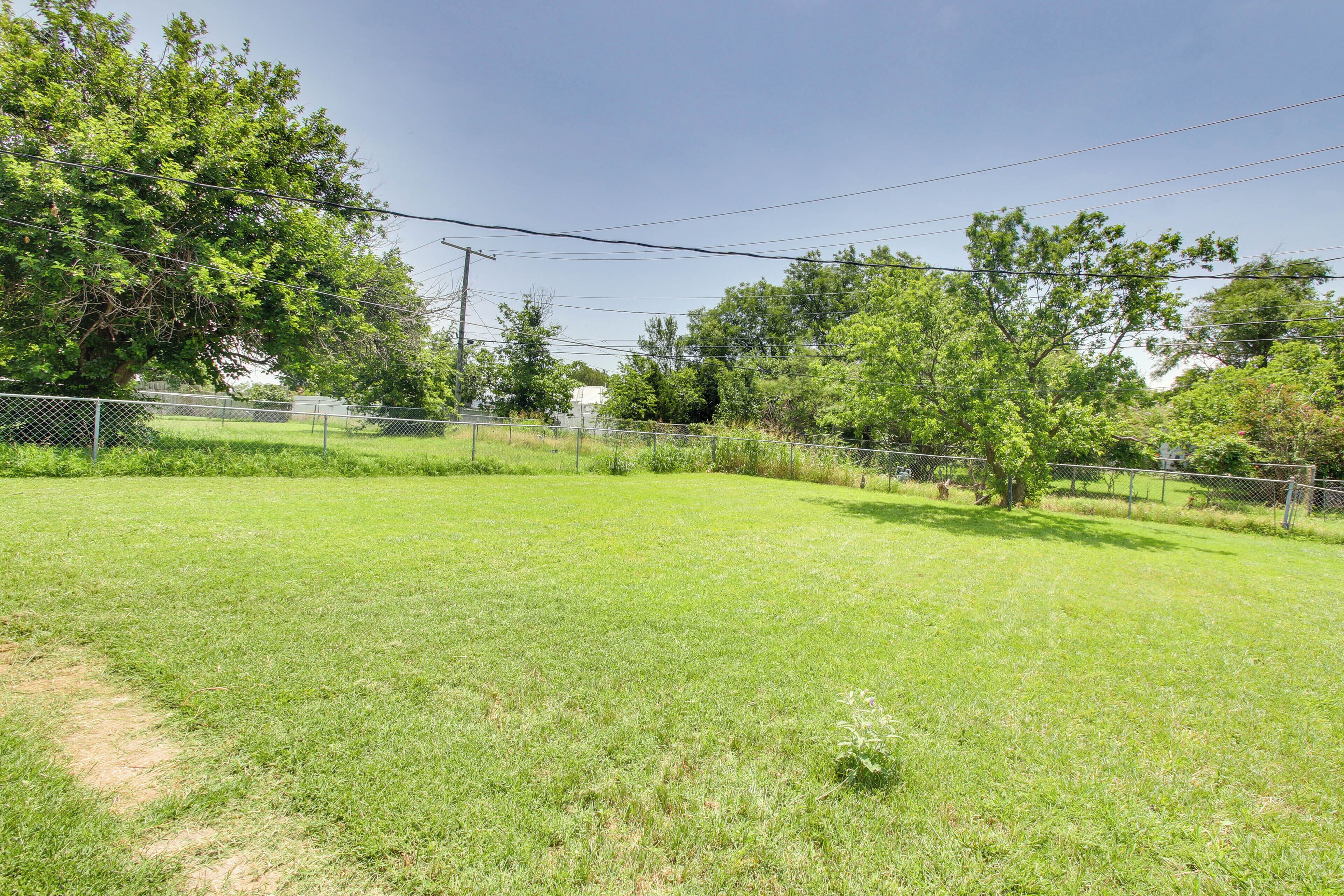 A grassy outdoor area with trees and a fence.
