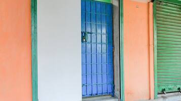 A building entrance with a blue door, green trim, and a closed green shutter.