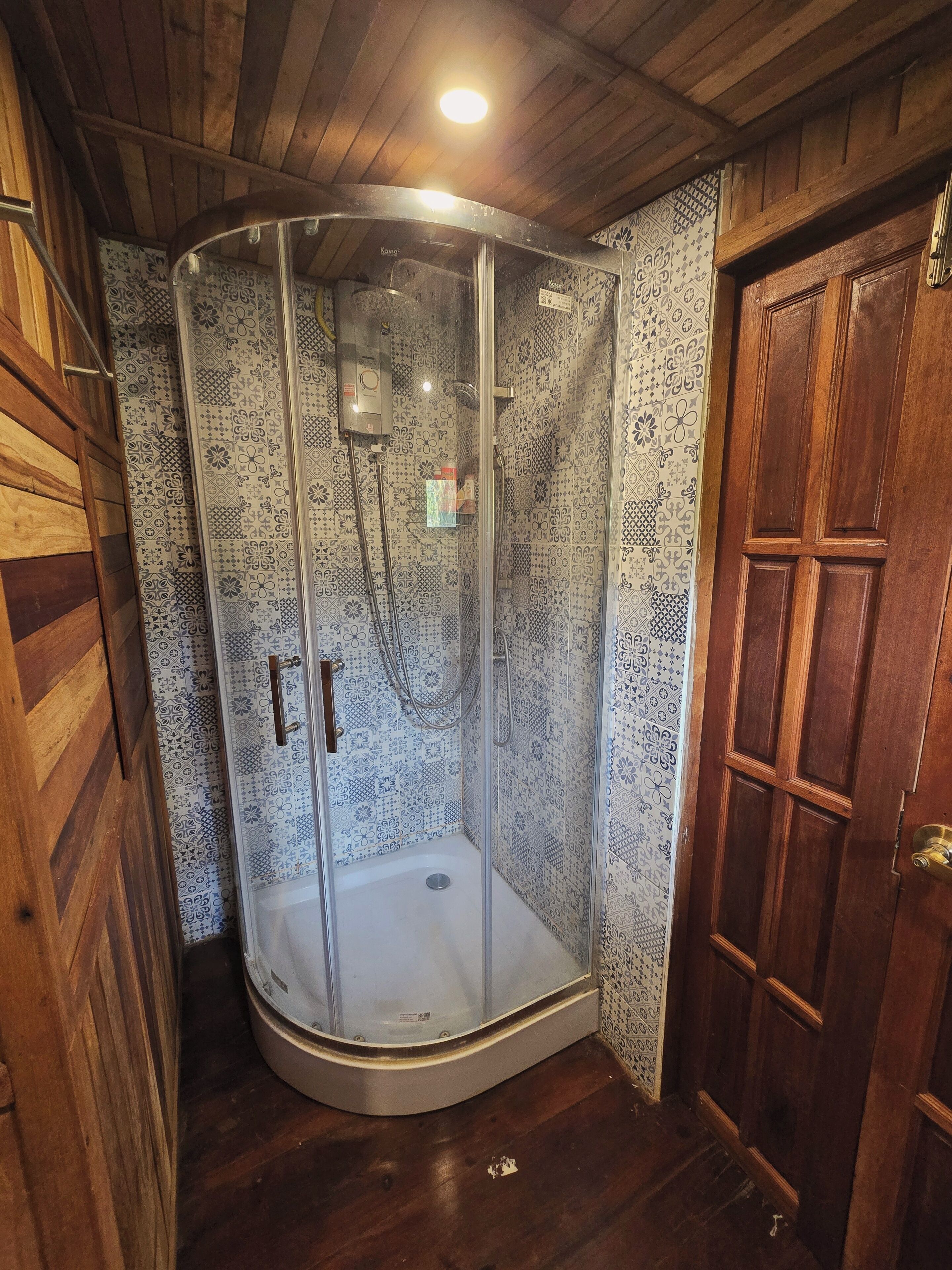 A shower enclosure with patterned tiles, a wooden door, and a ceiling light.
