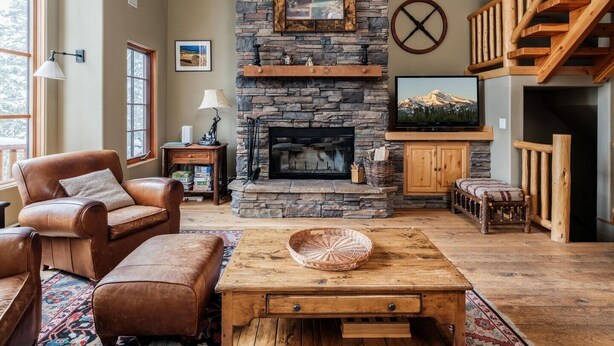 Una sala acogedora con chimenea de piedra, mobiliario de cuero, una mesa de centro de madera y una escalera.