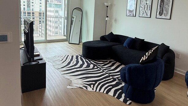 Un saló modern amb un sofà negre, una catifes amb estampat de zebra i quadres a la paret.