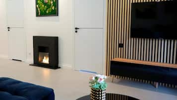 A modern living room with a fireplace, a flat-screen TV, and a sofa.