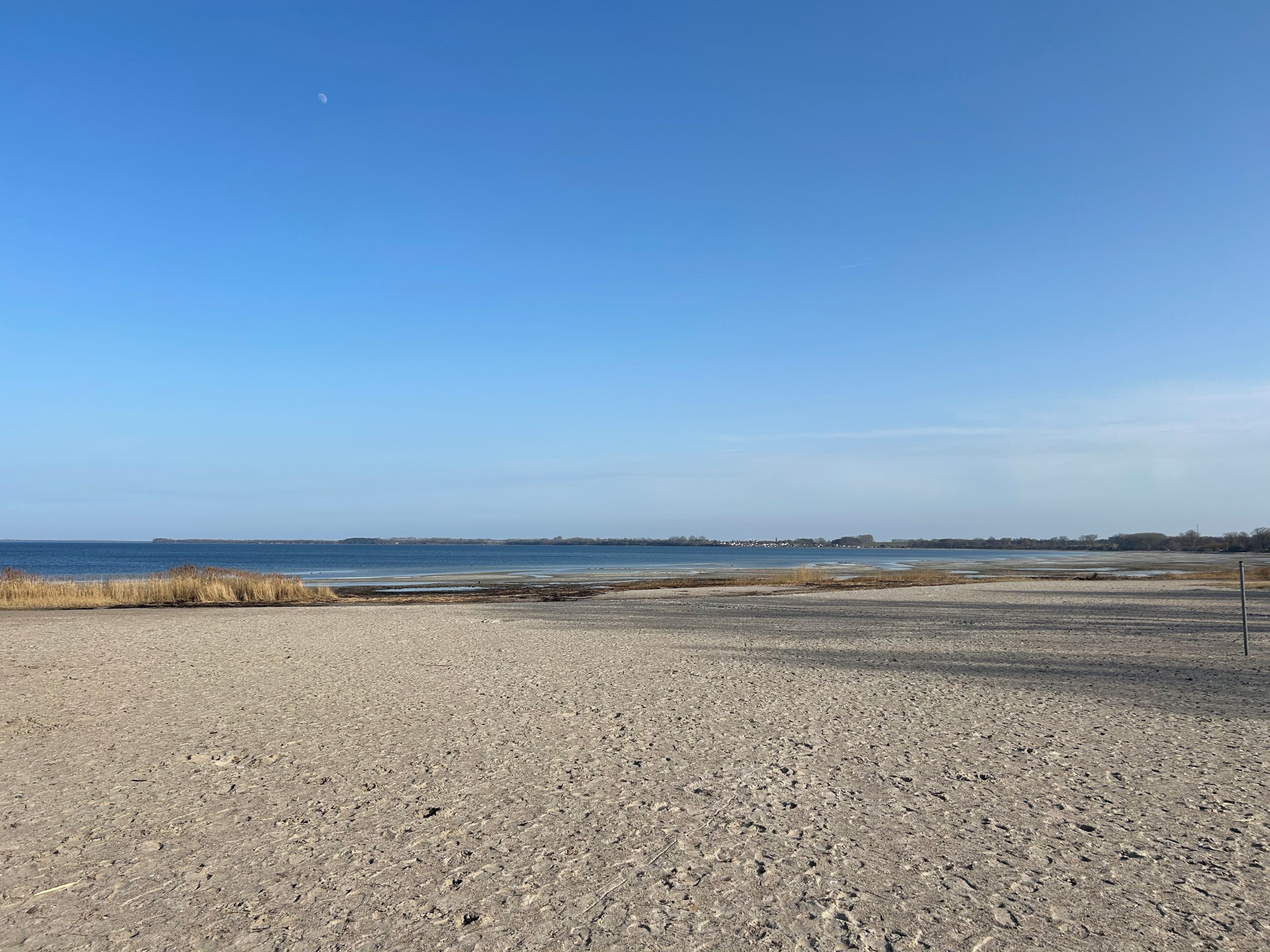 Una playa con cielo despejado, una costa distante y un camino de grava que conduce al agua.