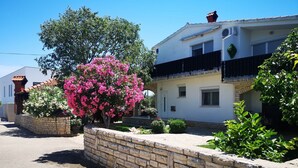 A two-story house with a stone wall and a pink flowering tree in the front yard. - Apartments Snjezana Carev - Studio Apartment With Balcony (Tisno)