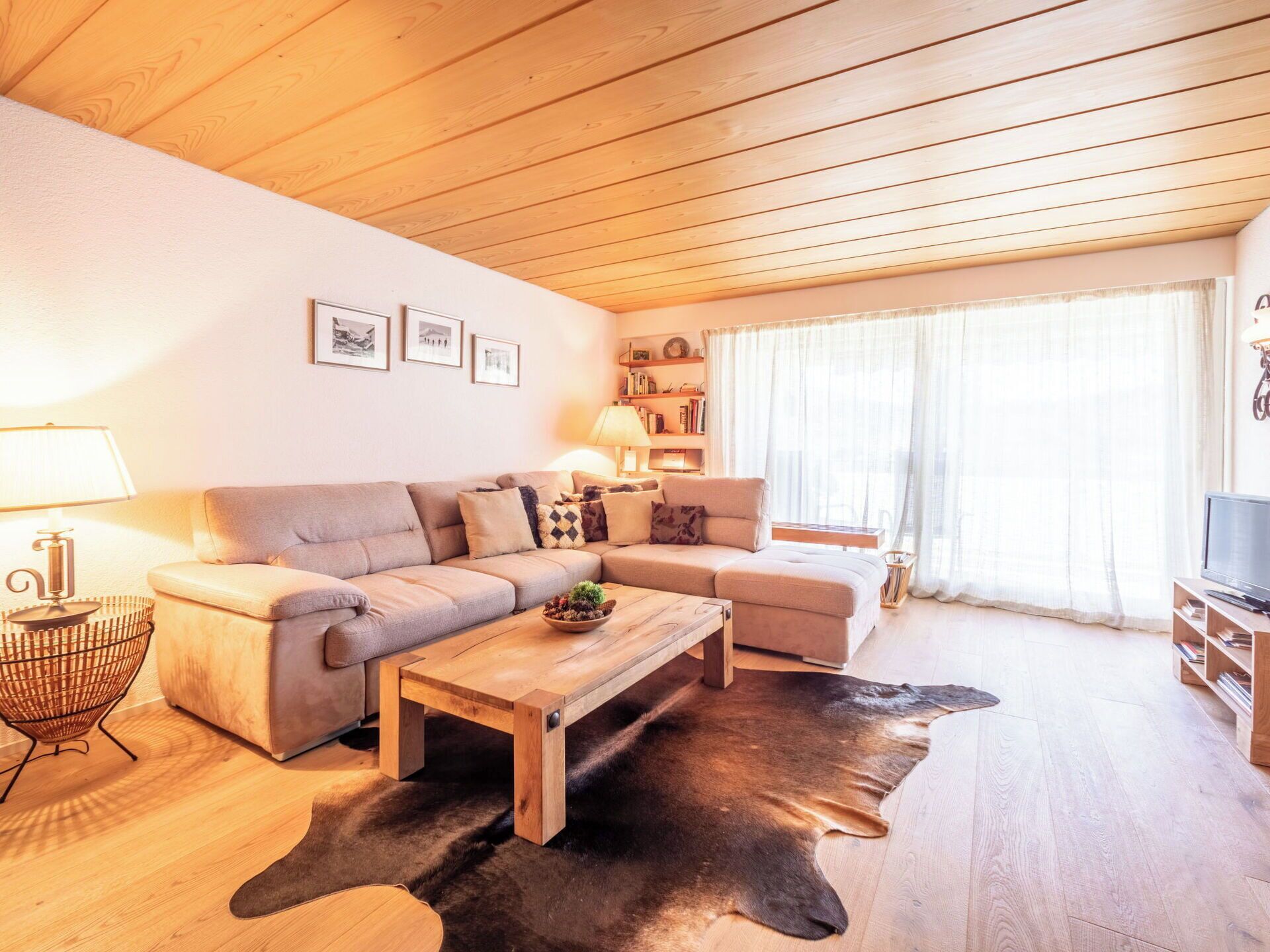 Een gezellige woonkamer met een bank, een salontafel en een leren vloerkleed.
